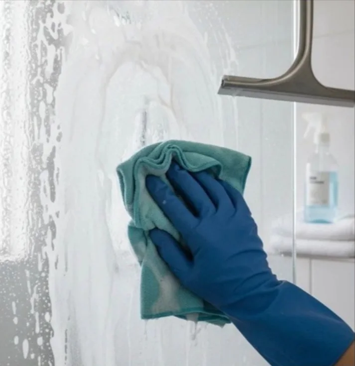 Gloved hand cleaning a glass shower screen